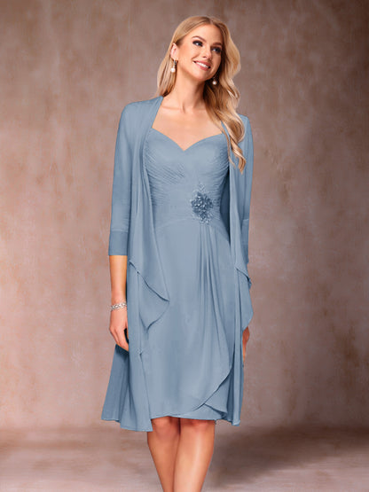 Robe de Mère de la Mariée Deux Piècesà Col En V et Manches 3/4 avec Fronces et Veste