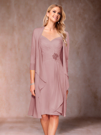 Robe de Mère de la Mariée Deux Piècesà Col En V et Manches 3/4 avec Fronces et Veste