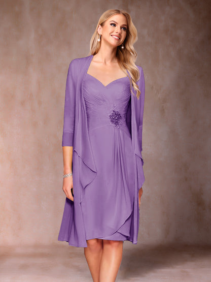 Robe de Mère de la Mariée Deux Piècesà Col En V et Manches 3/4 avec Fronces et Veste