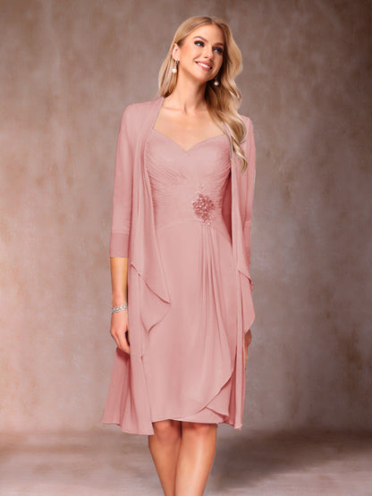 Robe de Mère de la Mariée Deux Piècesà Col En V et Manches 3/4 avec Fronces et Veste