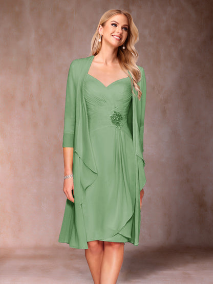 Robe de Mère de la Mariée Deux Piècesà Col En V et Manches 3/4 avec Fronces et Veste
