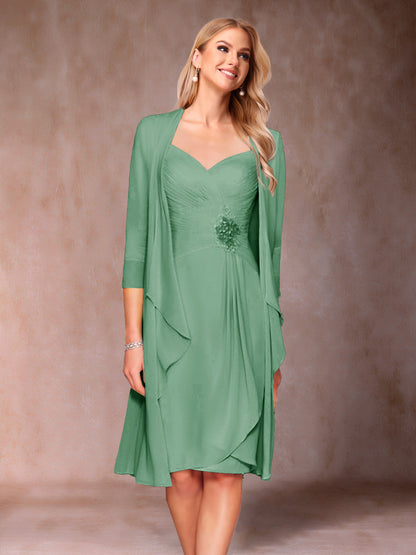 Robe de Mère de la Mariée Deux Piècesà Col En V et Manches 3/4 avec Fronces et Veste