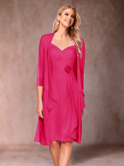 Robe de Mère de la Mariée Deux Piècesà Col En V et Manches 3/4 avec Fronces et Veste