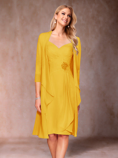 Robe de Mère de la Mariée Deux Piècesà Col En V et Manches 3/4 avec Fronces et Veste