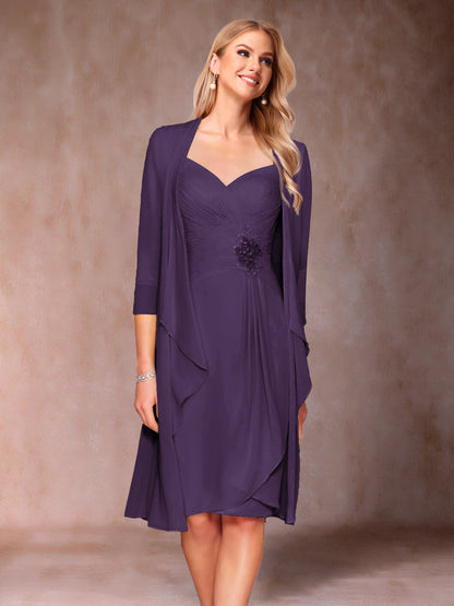 Robe de Mère de la Mariée Deux Piècesà Col En V et Manches 3/4 avec Fronces et Veste