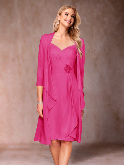 Robe de Mère de la Mariée Deux Piècesà Col En V et Manches 3/4 avec Fronces et Veste