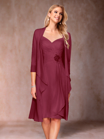 Robe de Mère de la Mariée Deux Piècesà Col En V et Manches 3/4 avec Fronces et Veste
