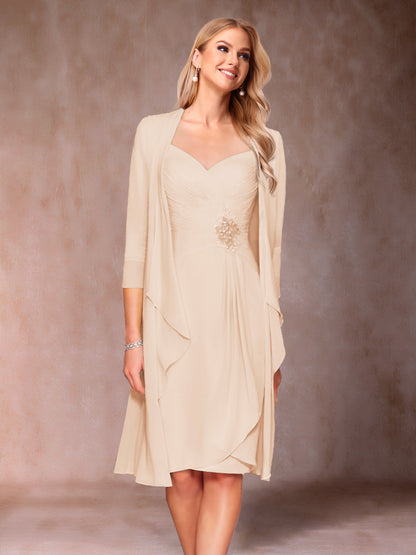 Robe de Mère de la Mariée Deux Piècesà Col En V et Manches 3/4 avec Fronces et Veste