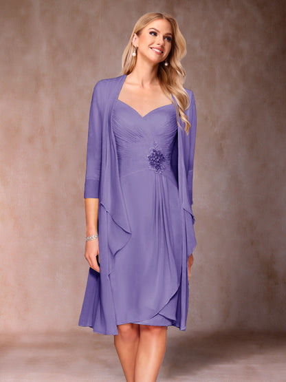 Robe de Mère de la Mariée Deux Piècesà Col En V et Manches 3/4 avec Fronces et Veste