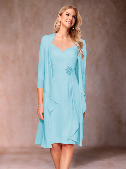Robe de Mère de la Mariée Deux Piècesà Col En V et Manches 3/4 avec Fronces et Veste