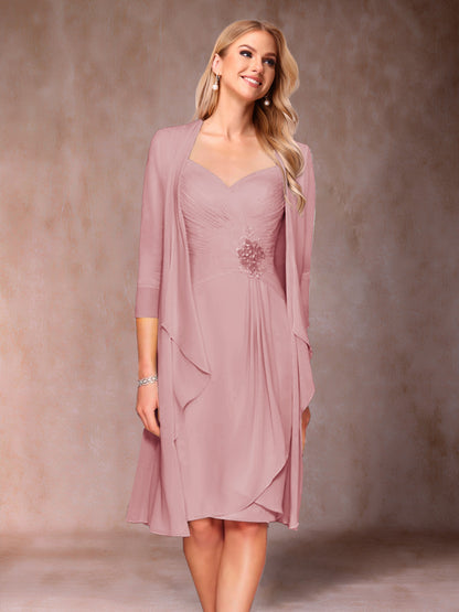 Robe de Mère de la Mariée Deux Piècesà Col En V et Manches 3/4 avec Fronces et Veste