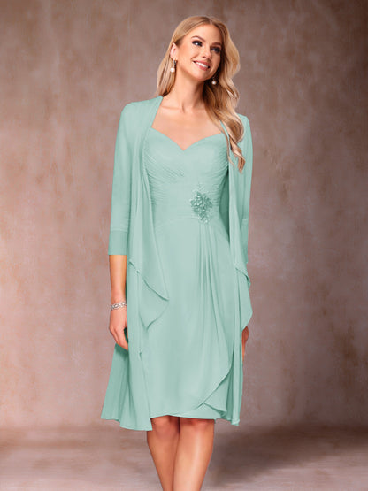 Robe de Mère de la Mariée Deux Piècesà Col En V et Manches 3/4 avec Fronces et Veste