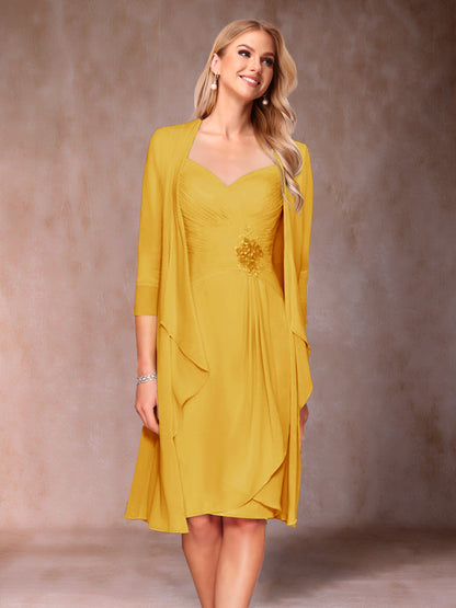 Robe de Mère de la Mariée Deux Piècesà Col En V et Manches 3/4 avec Fronces et Veste
