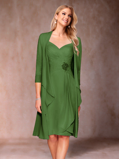 Robe de Mère de la Mariée Deux Piècesà Col En V et Manches 3/4 avec Fronces et Veste