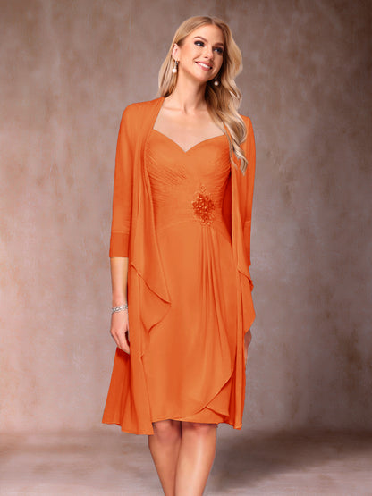 Robe de Mère de la Mariée Deux Piècesà Col En V et Manches 3/4 avec Fronces et Veste