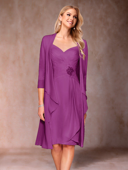 Robe de Mère de la Mariée Deux Piècesà Col En V et Manches 3/4 avec Fronces et Veste