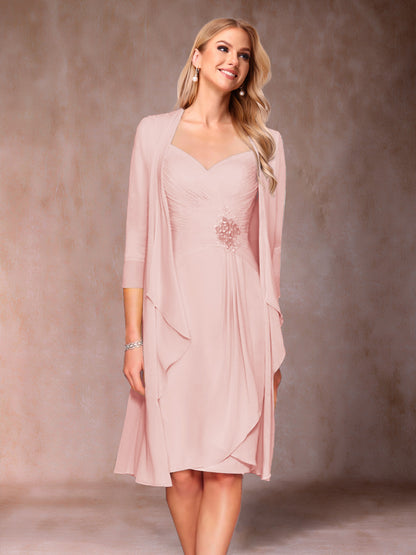 Robe de Mère de la Mariée Deux Piècesà Col En V et Manches 3/4 avec Fronces et Veste