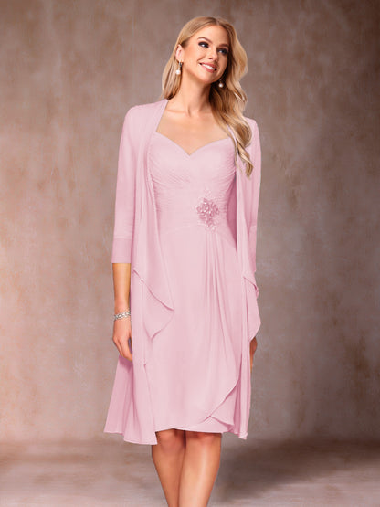 Robe de Mère de la Mariée Deux Piècesà Col En V et Manches 3/4 avec Fronces et Veste