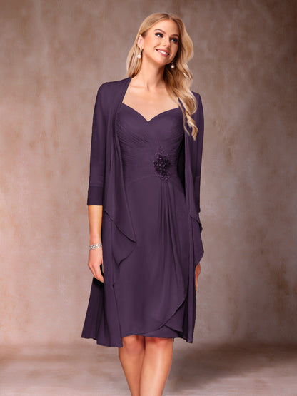 Robe de Mère de la Mariée Deux Piècesà Col En V et Manches 3/4 avec Fronces et Veste
