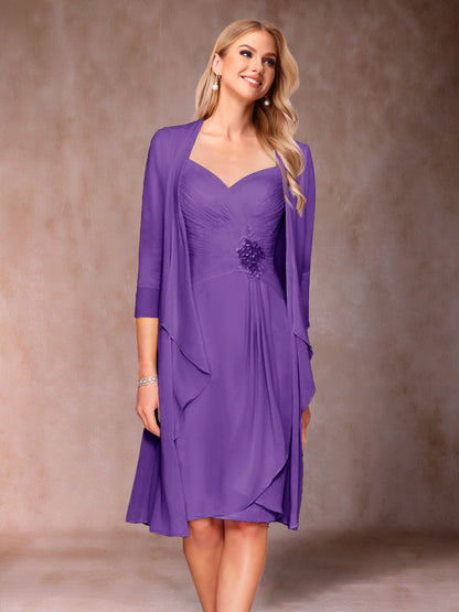 Robe de Mère de la Mariée Deux Piècesà Col En V et Manches 3/4 avec Fronces et Veste