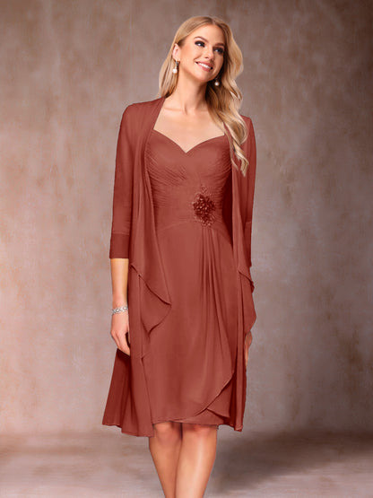 Robe de Mère de la Mariée Deux Piècesà Col En V et Manches 3/4 avec Fronces et Veste