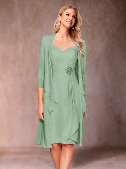 Robe de Mère de la Mariée Deux Piècesà Col En V et Manches 3/4 avec Fronces et Veste