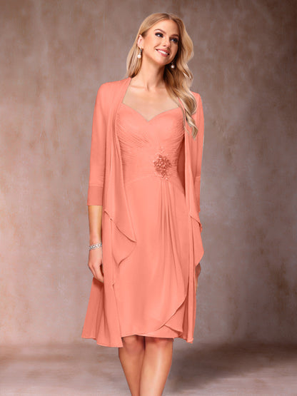 Robe de Mère de la Mariée Deux Piècesà Col En V et Manches 3/4 avec Fronces et Veste