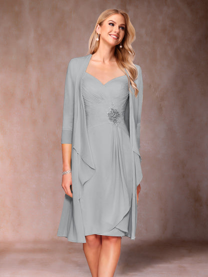 Robe de Mère de la Mariée Deux Piècesà Col En V et Manches 3/4 avec Fronces et Veste