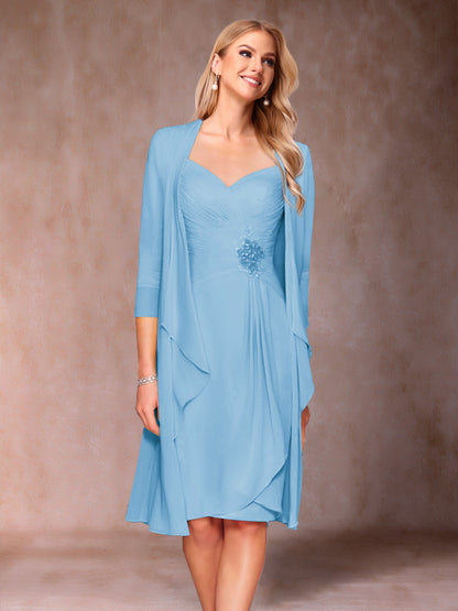 Robe de Mère de la Mariée Deux Piècesà Col En V et Manches 3/4 avec Fronces et Veste