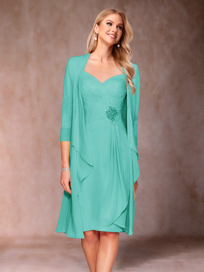 Robe de Mère de la Mariée Deux Piècesà Col En V et Manches 3/4 avec Fronces et Veste