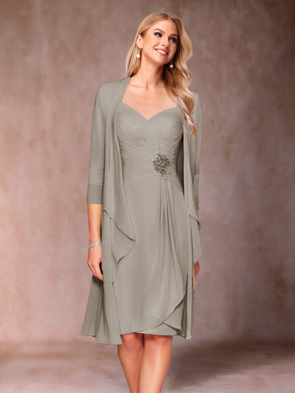 Robe de Mère de la Mariée Deux Piècesà Col En V et Manches 3/4 avec Fronces et Veste