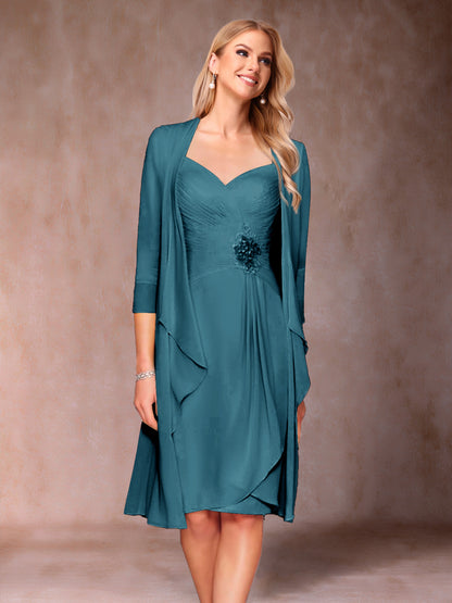 Robe de Mère de la Mariée Deux Piècesà Col En V et Manches 3/4 avec Fronces et Veste