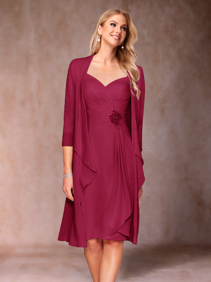 Robe de Mère de la Mariée Deux Piècesà Col En V et Manches 3/4 avec Fronces et Veste