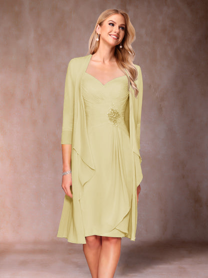 Robe de Mère de la Mariée Deux Piècesà Col En V et Manches 3/4 avec Fronces et Veste