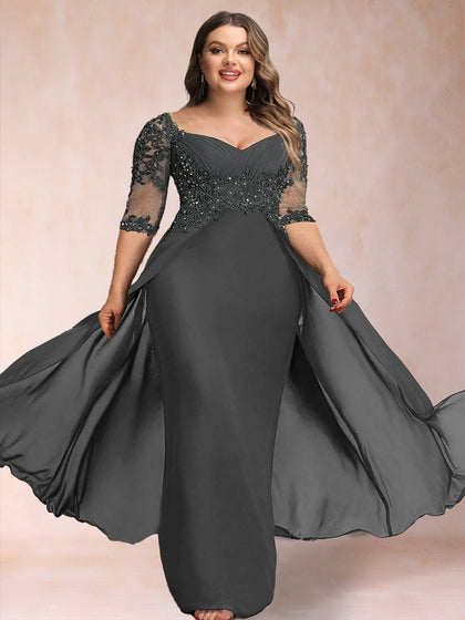 Robe de Mère de la Mariée Grande Taille, Coupe Fourreau/Colonne, Col en V, Manches Mi-Longues avec Appliques
