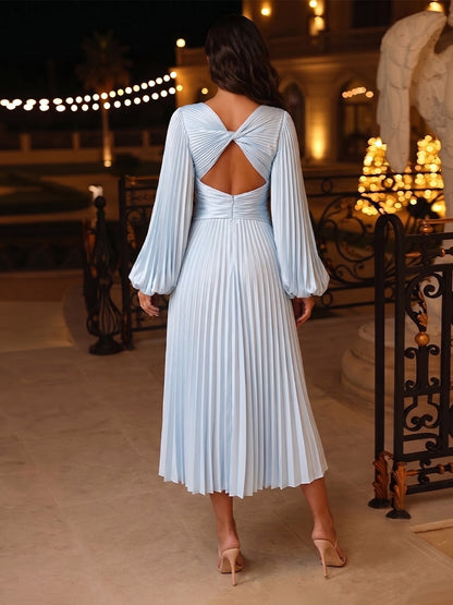 Robe de Soirée Coupe Trapèze / Princesse Col en V Manches Longues Mi-Mollet avec Fronces