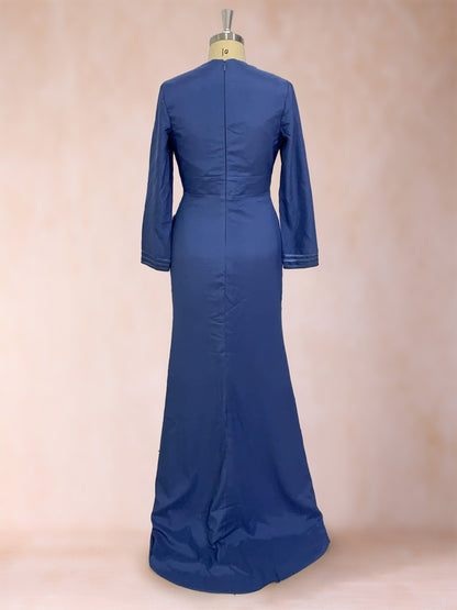 Robe de Mère de la Mariée à Manches Longues et Col En V Style Trompette/Sirène avec Volants