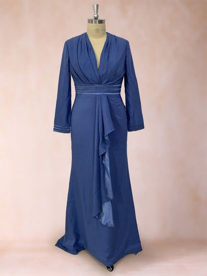 Robe de Mère de la Mariée à Manches Longues et Col En V Style Trompette/Sirène avec Volants