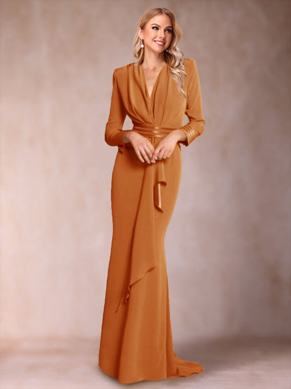 Robe de Mère de la Mariée à Manches Longues et Col En V Style Trompette/Sirène avec Volants