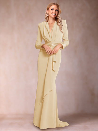 Robe de Mère de la Mariée à Manches Longues et Col En V Style Trompette/Sirène avec Volants