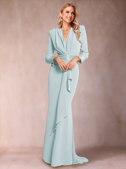 Robe de Mère de la Mariée à Manches Longues et Col En V Style Trompette/Sirène avec Volants