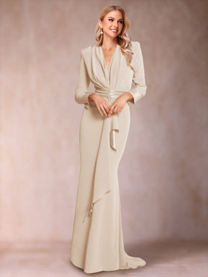 Robe de Mère de la Mariée à Manches Longues et Col En V Style Trompette/Sirène avec Volants