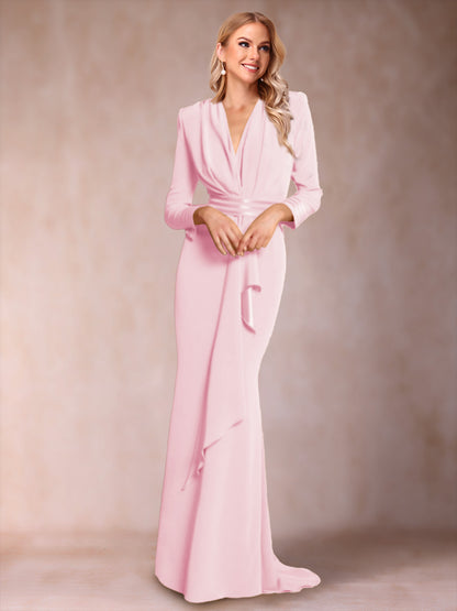 Robe de Mère de la Mariée à Manches Longues et Col En V Style Trompette/Sirène avec Volants