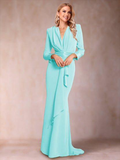 Robe de Mère de la Mariée à Manches Longues et Col En V Style Trompette/Sirène avec Volants