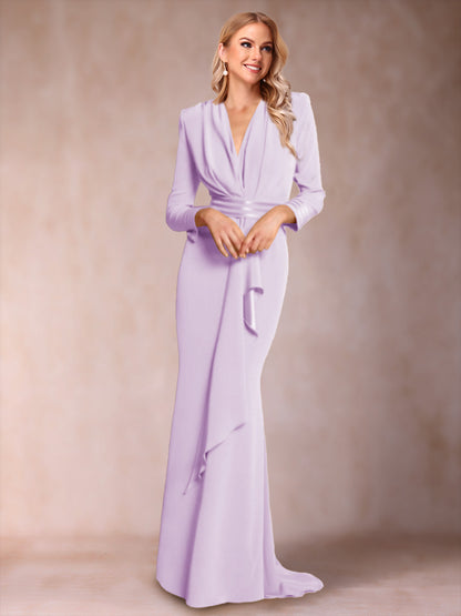 Robe de Mère de la Mariée à Manches Longues et Col En V Style Trompette/Sirène avec Volants