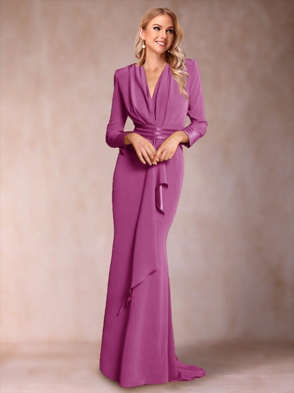 Robe de Mère de la Mariée à Manches Longues et Col En V Style Trompette/Sirène avec Volants