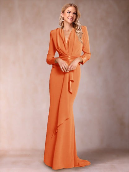 Robe de Mère de la Mariée à Manches Longues et Col En V Style Trompette/Sirène avec Volants