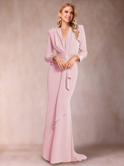 Robe de Mère de la Mariée à Manches Longues et Col En V Style Trompette/Sirène avec Volants