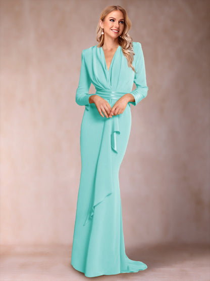 Robe de Mère de la Mariée à Manches Longues et Col En V Style Trompette/Sirène avec Volants