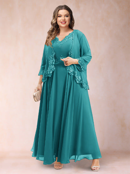 Robe de Mère de la Mariée Grande Taille Deux PiècesCoupe A-Line/Princess à Col En V et Manches 3/4 avec Appliques